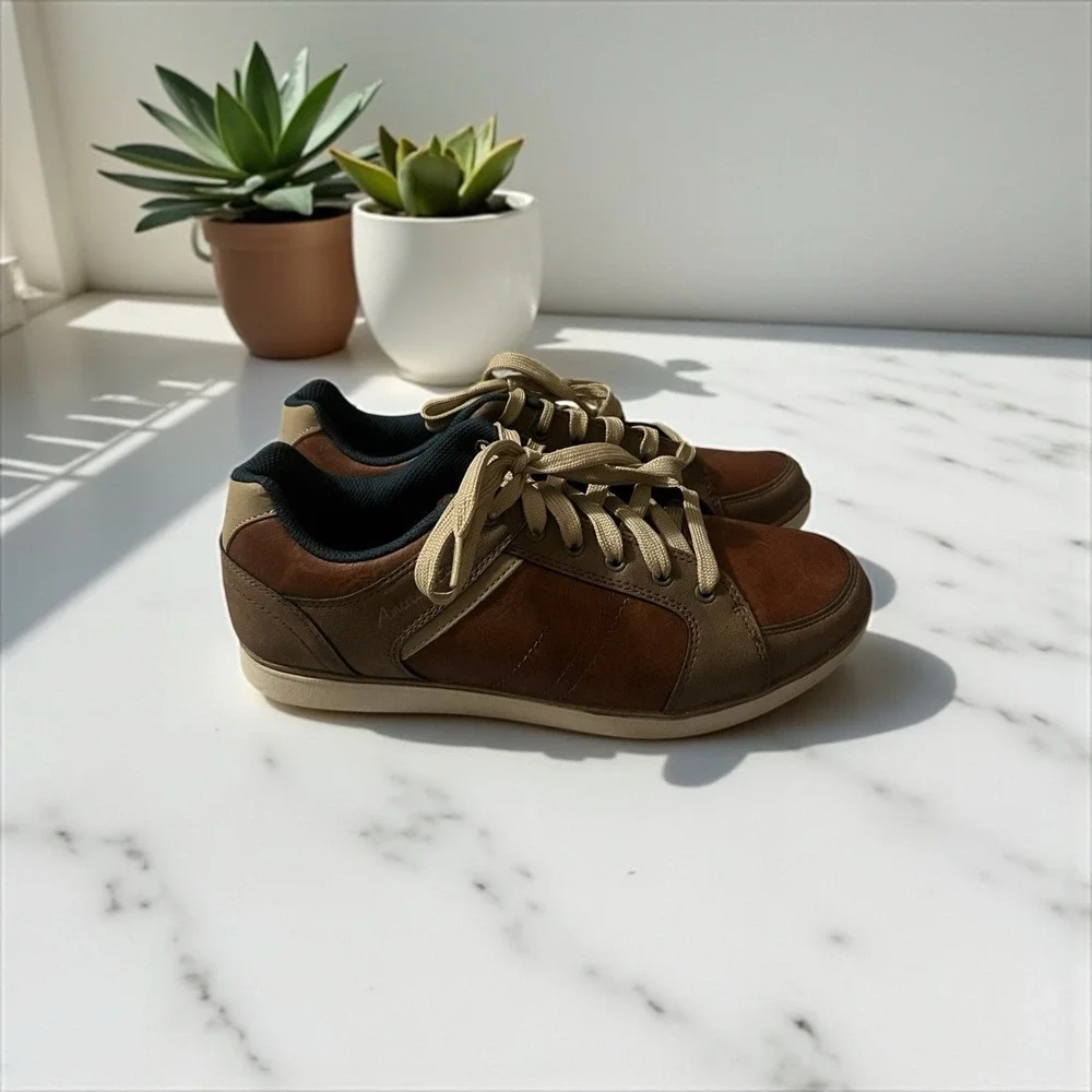 American Eagle AE Men's Faux‎ Leather Sneakers Memory Foam Brown Size 10
